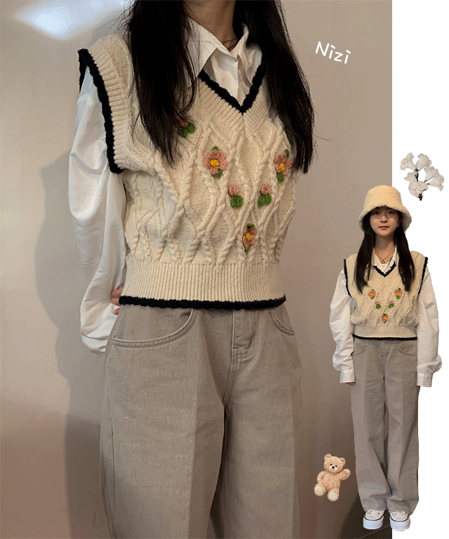 Flower twisted vintage knit vest 2 color